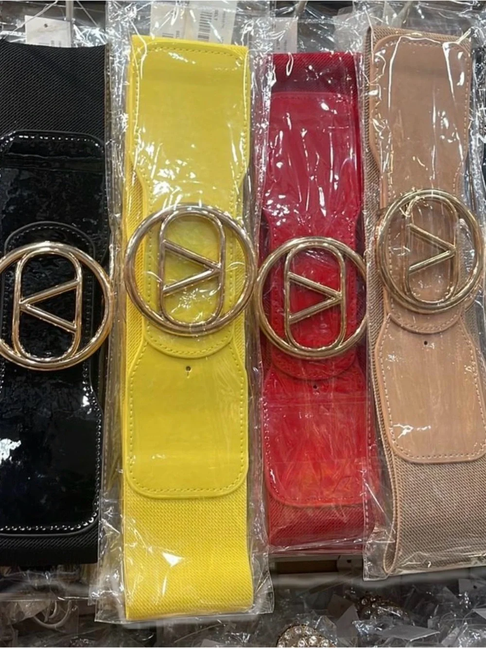 Black Patent Wide Waist Belt with Gold V Logo Buckle